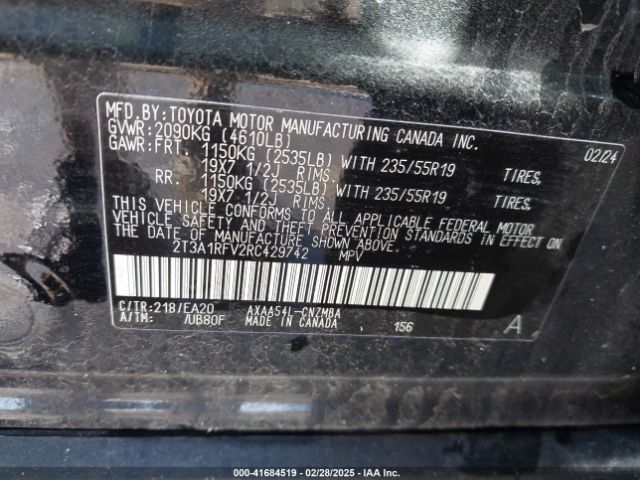 2T3A1RFV2RC429742 Toyota Rav4 Xle Premium