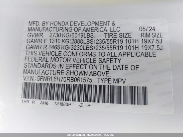 Honda Odyssey Sport 2024 5FNRL6H70RB061575 Image 9