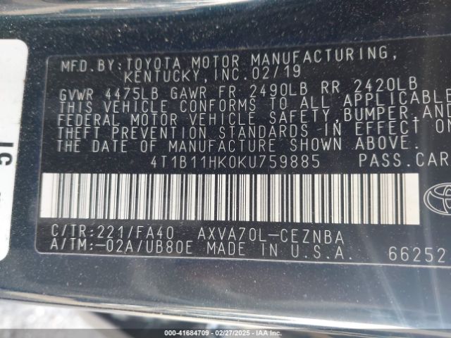 4T1B11HK0KU759885 Toyota CAMRY LE