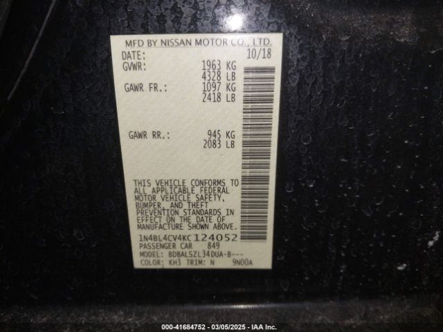 1N4BL4CV4KC124052 Nissan Altima 2.5 Sr