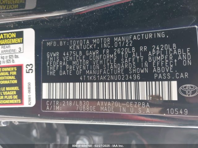 4T1K61AK2NU023496 Toyota CAMRY XSE