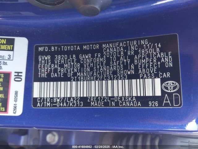 2T1BURHE2FC312353 Toyota Corolla S Premium