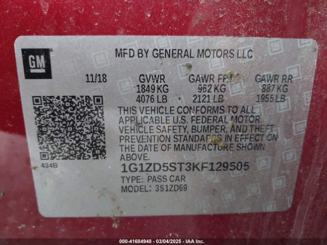 1G1ZD5ST3KF129505 Chevrolet MALIBU LT