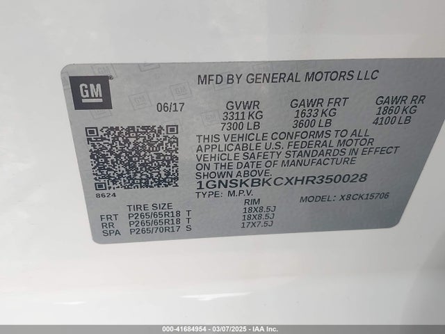 1GNSKBKCXHR350028 Chevrolet Tahoe Lt
