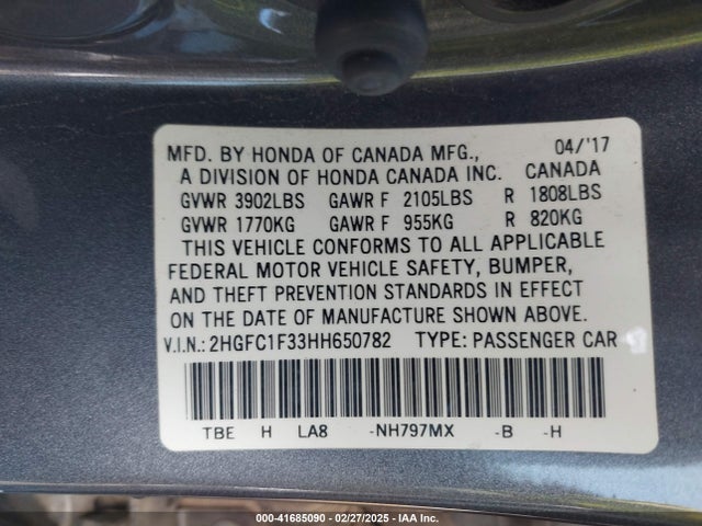 2HGFC1F33HH650782 Honda Civic Ex-t