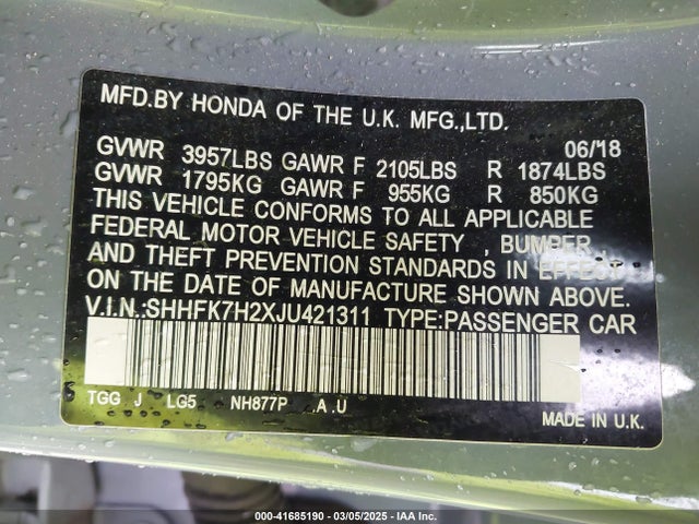SHHFK7H2XJU421311 Honda Civic Lx