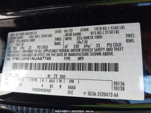 1FMCU0H61NUA67745 Ford ESCAPE SEL