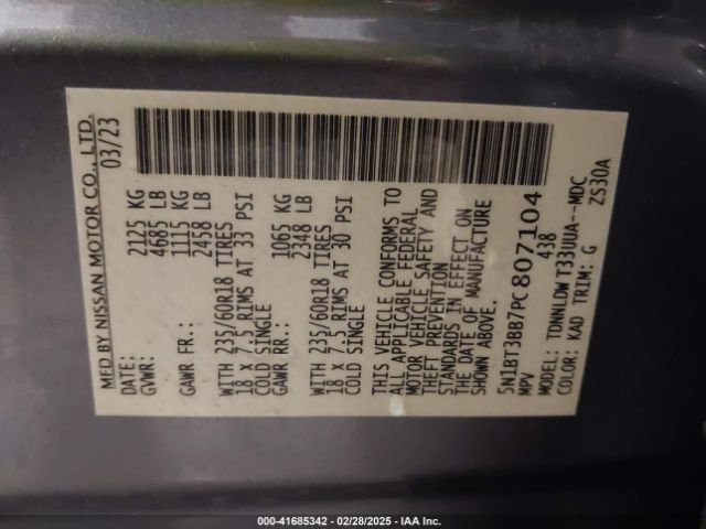 5N1BT3BB7PC807104 Nissan Rogue Sv Intelligent Awd