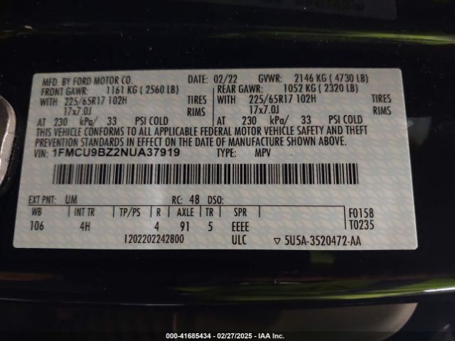 1FMCU9BZ2NUA37919 Ford Escape Se Hybrid