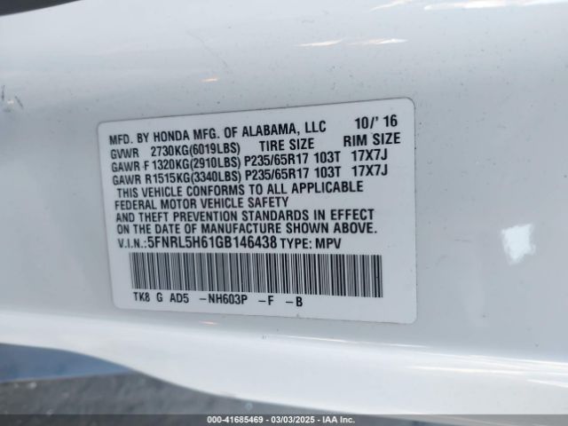5FNRL5H61GB146438 Honda Odyssey Ex-l