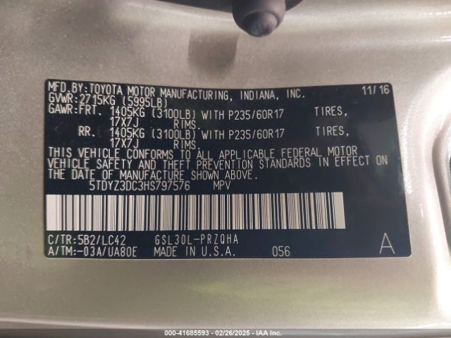 5TDYZ3DC3HS797576 Toyota Sienna Xle 8 Passenger