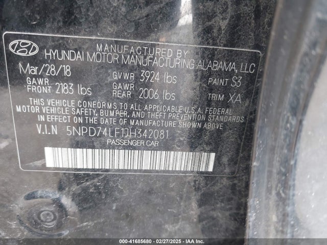 5NPD74LF1JH342081 Hyundai ELANTRA SE