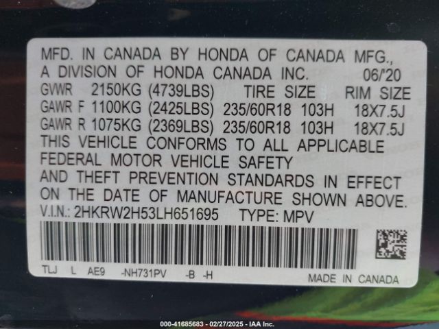 2HKRW2H53LH651695 Honda Cr-v Awd Ex