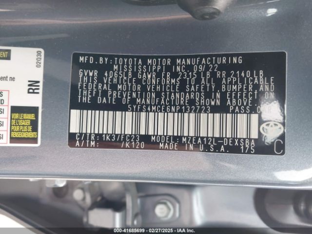 5YFS4MCE6NP132723 Toyota COROLLA SE