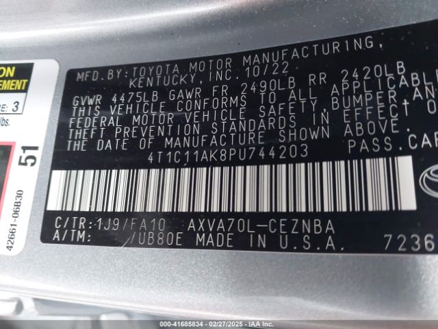 4T1C11AK8PU744203 Toyota CAMRY LE