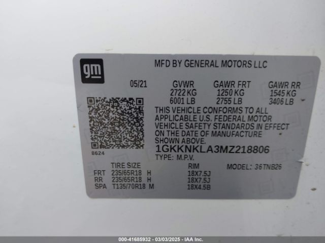 1GKKNKLA3MZ218806 GMC Acadia Fwd Sle
