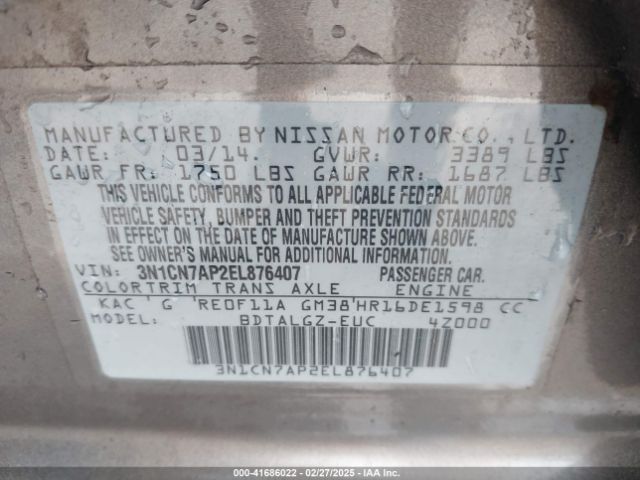 3N1CN7AP2EL876407 Nissan Versa 1.6 Sl
