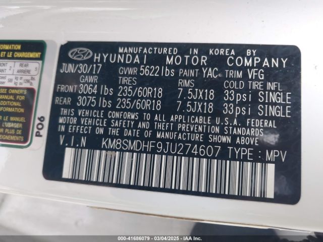 KM8SMDHF9JU274607 Hyundai Santa Fe Se