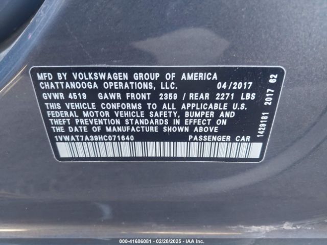 1VWAT7A39HC071640 Volkswagen Passat 1.8t S