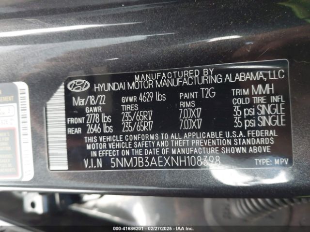 5NMJB3AEXNH108398 Hyundai TUCSON SEL