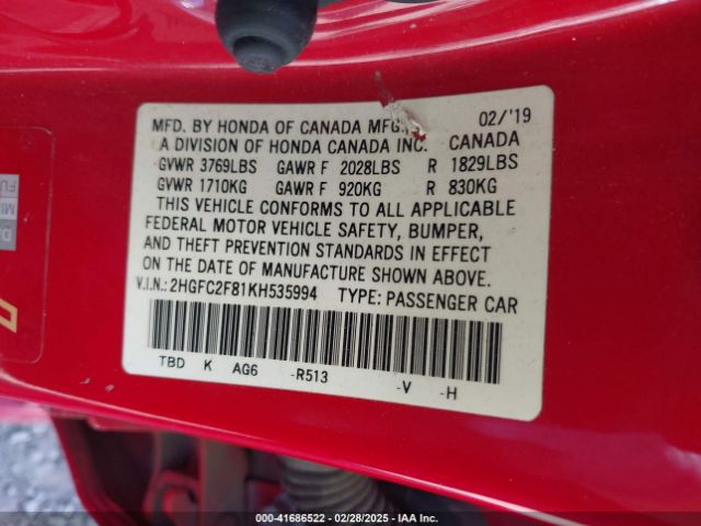 2HGFC2F81KH535994 Honda Civic Sport