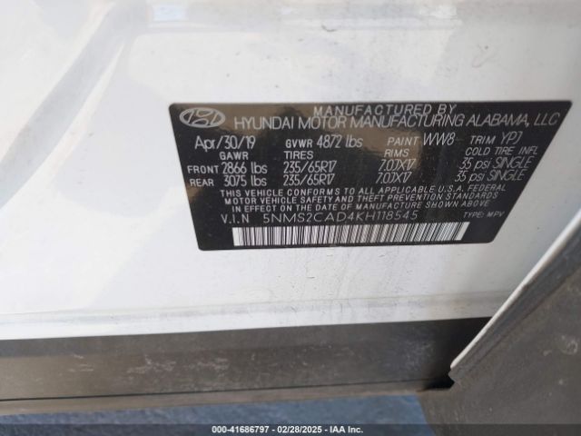 5NMS2CAD4KH118545 Hyundai Santa Fe Se