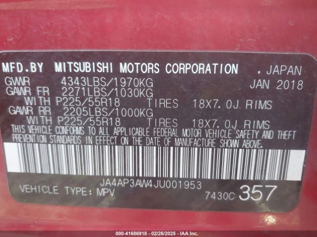 JA4AP3AW4JU001953 Mitsubishi Outlander Sport 2.4 Se