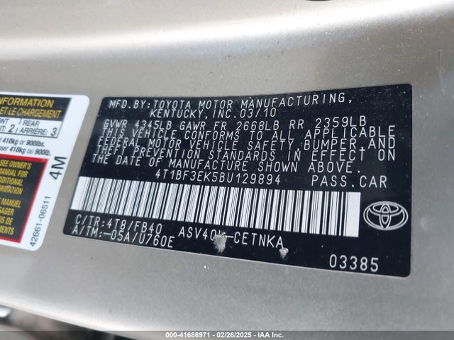 2011 Toyota Camry Le მანქანა იყიდება აუქციონზე, vin: 4T1BF3EK5BU129894, აუქციონის ნომერი: 41686971