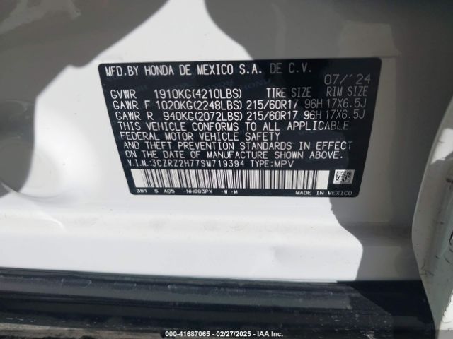 3CZRZ2H77SM719394 Honda Hr-v Awd Ex-l
