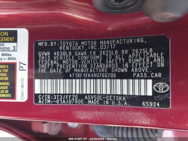 4T1BF1FK4HU760700 Toyota CAMRY SE