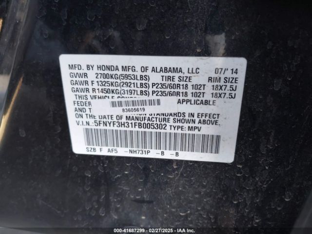 5FNYF3H31FB005302 Honda PILOT SE