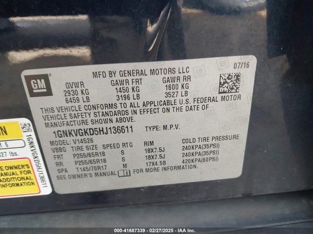 Chevrolet Traverse 1lt 2017 1GNKVGKD5HJ136611 Image 9