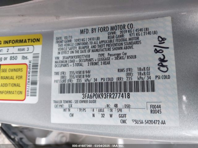 3FA6P0K93FR277418 Ford Fusion Titanium