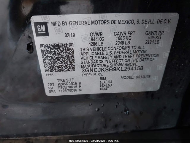 3GNCJKSB9KL294158 Chevrolet TRAX LS