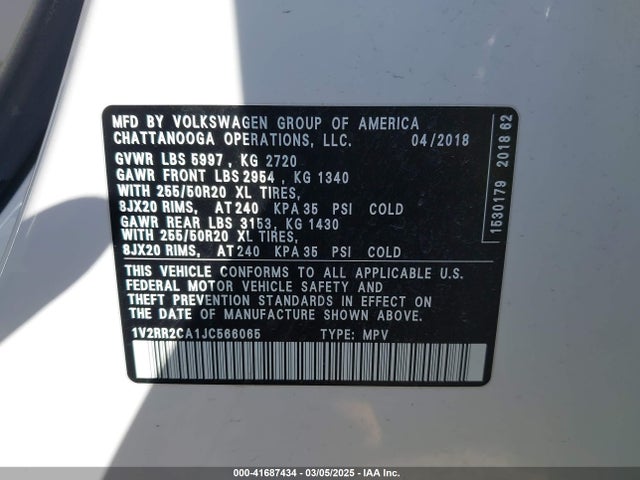 1V2RR2CA1JC566065 Volkswagen Atlas 3.6l V6 Sel