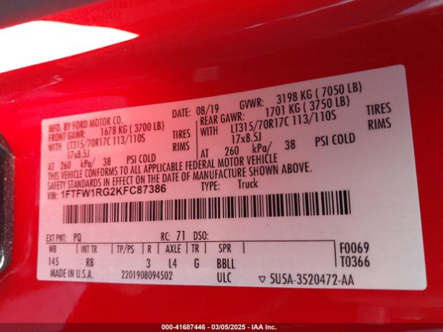 1FTFW1RG2KFC87386 Ford F-150 Raptor