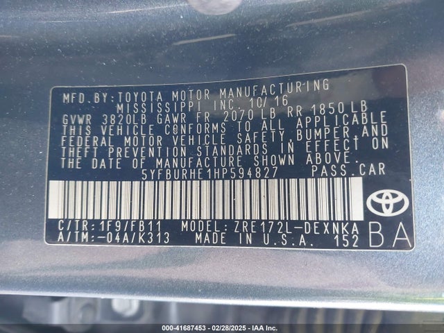 5YFBURHE1HP594827 Toyota COROLLA LE