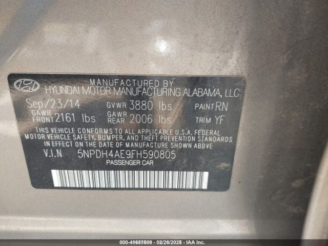 5NPDH4AE9FH590805 Hyundai ELANTRA SE