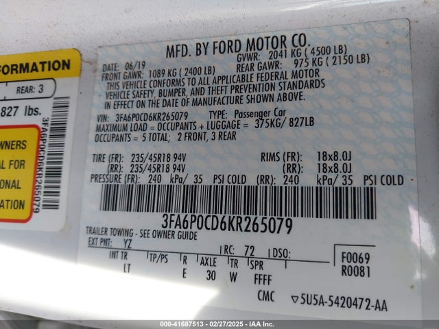 3FA6P0CD6KR265079 Ford FUSION SEL