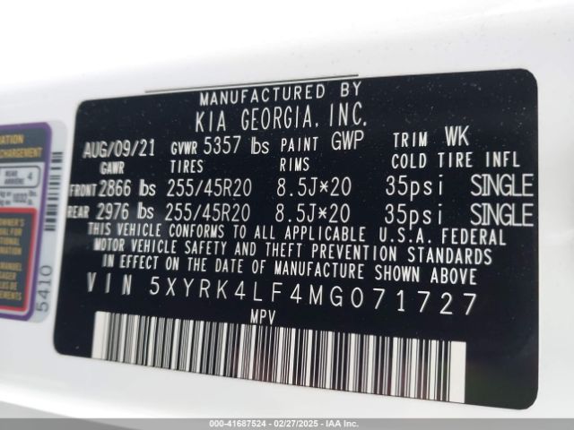 5XYRK4LF4MG071727 KIA SORENTO SX