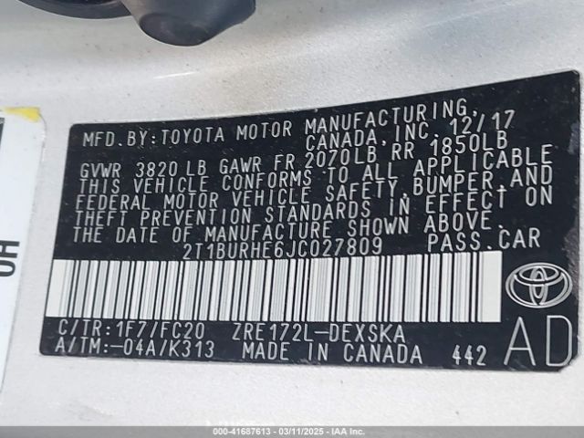 2T1BURHE6JC027809 Toyota COROLLA SE