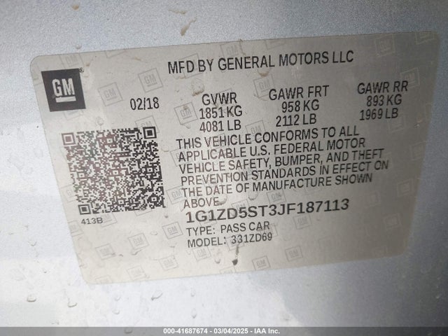 1G1ZD5ST3JF187113 Chevrolet MALIBU LT