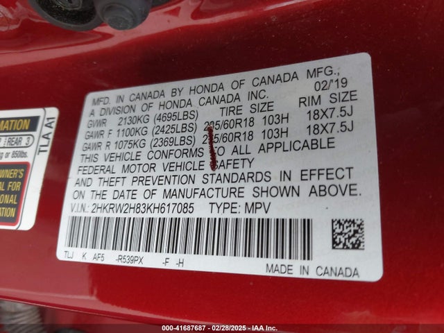 2HKRW2H83KH617085 Honda Cr-v Ex-l