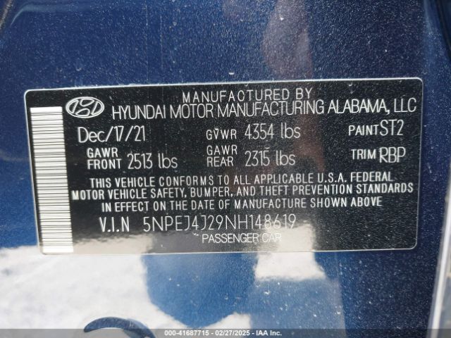 5NPEJ4J29NH148619 Hyundai Sonata Sel Plus