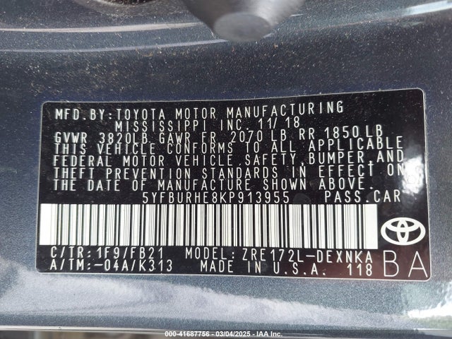 5YFBURHE8KP913955 Toyota COROLLA LE