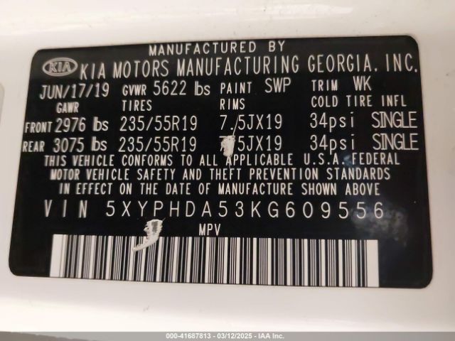 5XYPHDA53KG609556 KIA Sorento 3.3l Ex Sport