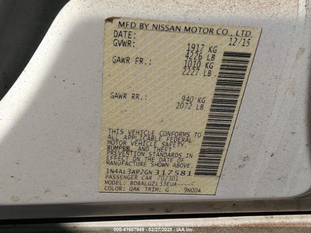 1N4AL3AP2GN317581 Nissan Altima 2.5/2.5 S/2.5 Sl/2.5 Sr/2.5 Sv