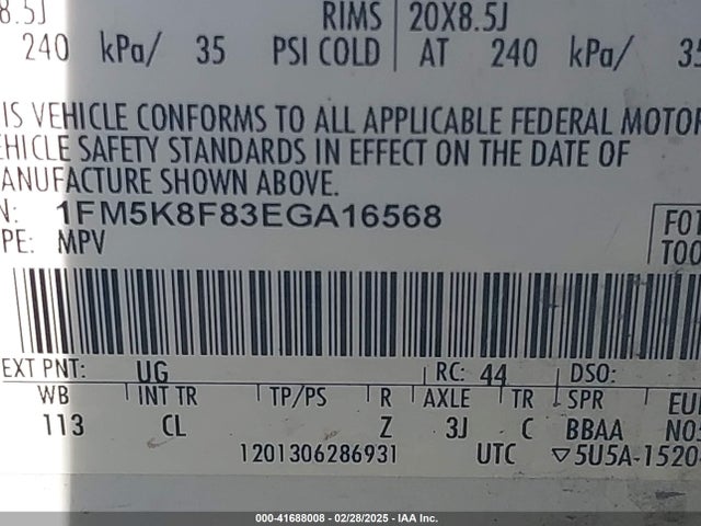 1FM5K8F83EGA16568 Ford Explorer Limited
