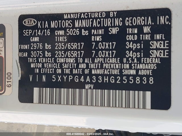 5XYPG4A33HG255838 KIA Sorento 2.4l Lx