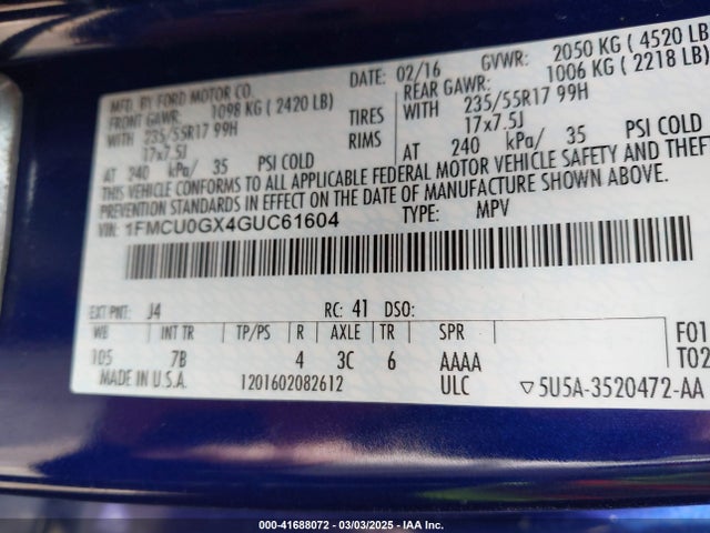 1FMCU0GX4GUC61604 Ford ESCAPE SE